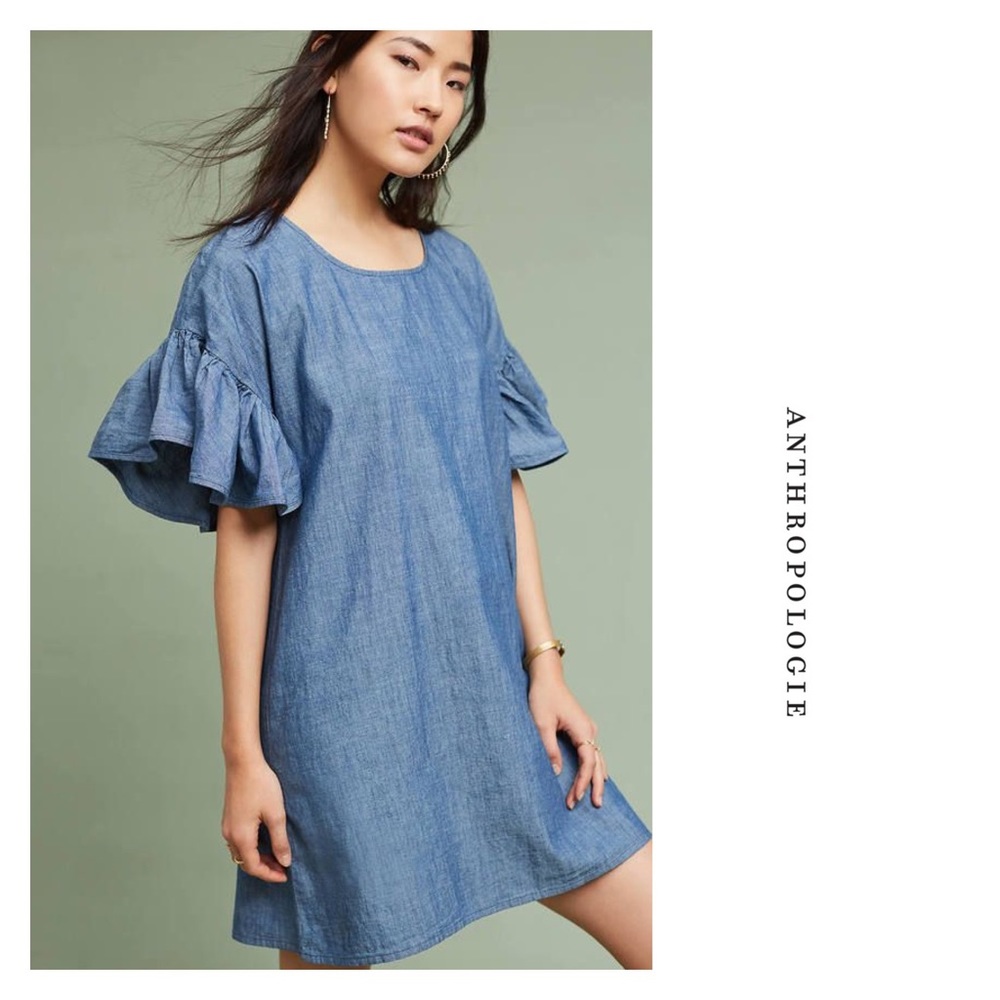 Anthropologie Madison Labiche Chambray Ruffle Dress Short Sleeve XS